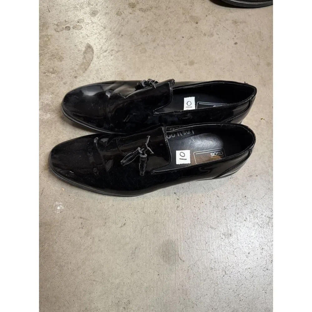 Mens ASOS Design Black Patent Faux Leather Tassel Loafers - Size 10